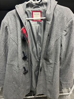 Old Navy Gray Hooded Toggle Pea Coat with Plaid Trim